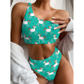 Doodle Unicorn Pattern Print One Shoulder Bikini Set