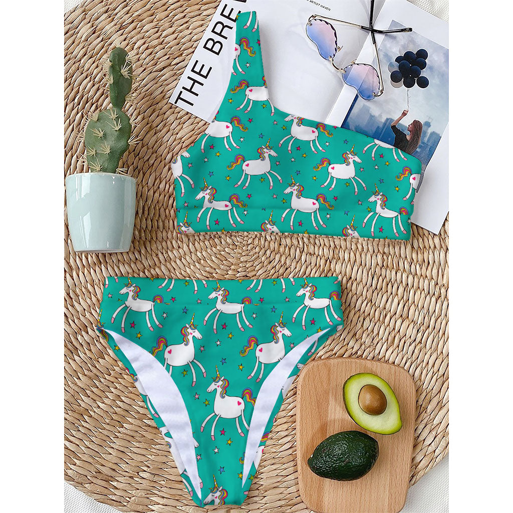 Doodle Unicorn Pattern Print One Shoulder Bikini Top