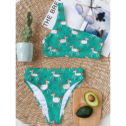 Doodle Unicorn Pattern Print One Shoulder Bikini Top