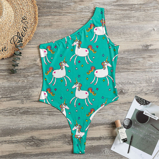 Doodle Unicorn Pattern Print One Shoulder Bodysuit