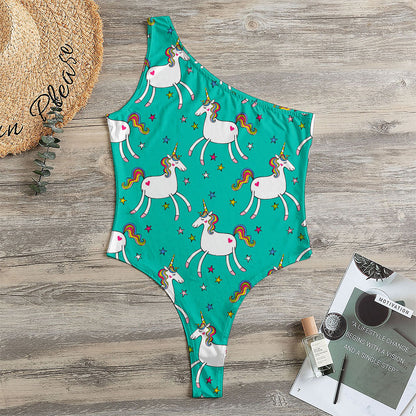 Doodle Unicorn Pattern Print One Shoulder Bodysuit