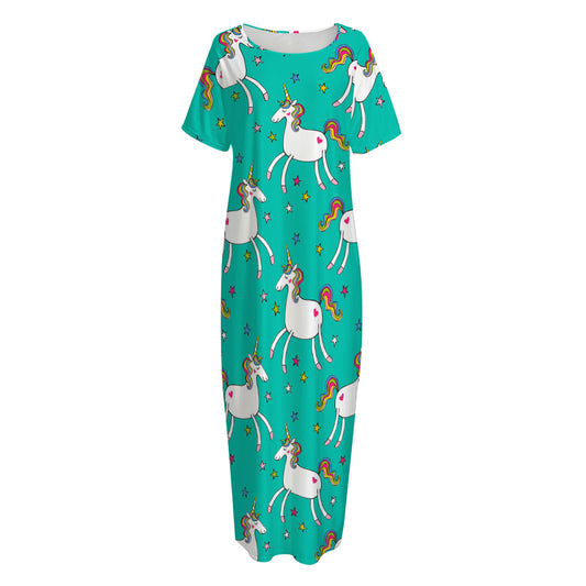 Doodle Unicorn Pattern Print Short Sleeve Long Nightdress