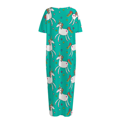 Doodle Unicorn Pattern Print Short Sleeve Long Nightdress