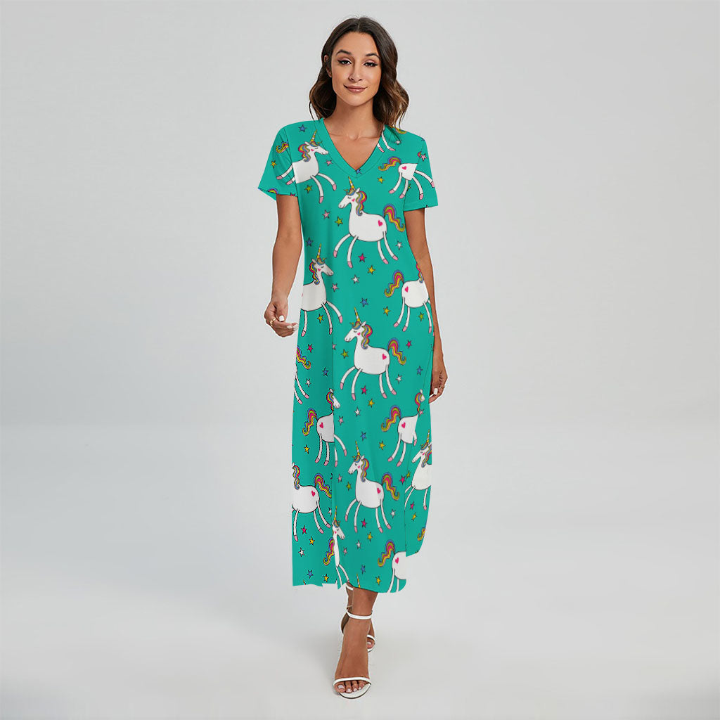 Doodle Unicorn Pattern Print Short Sleeve Maxi Dress