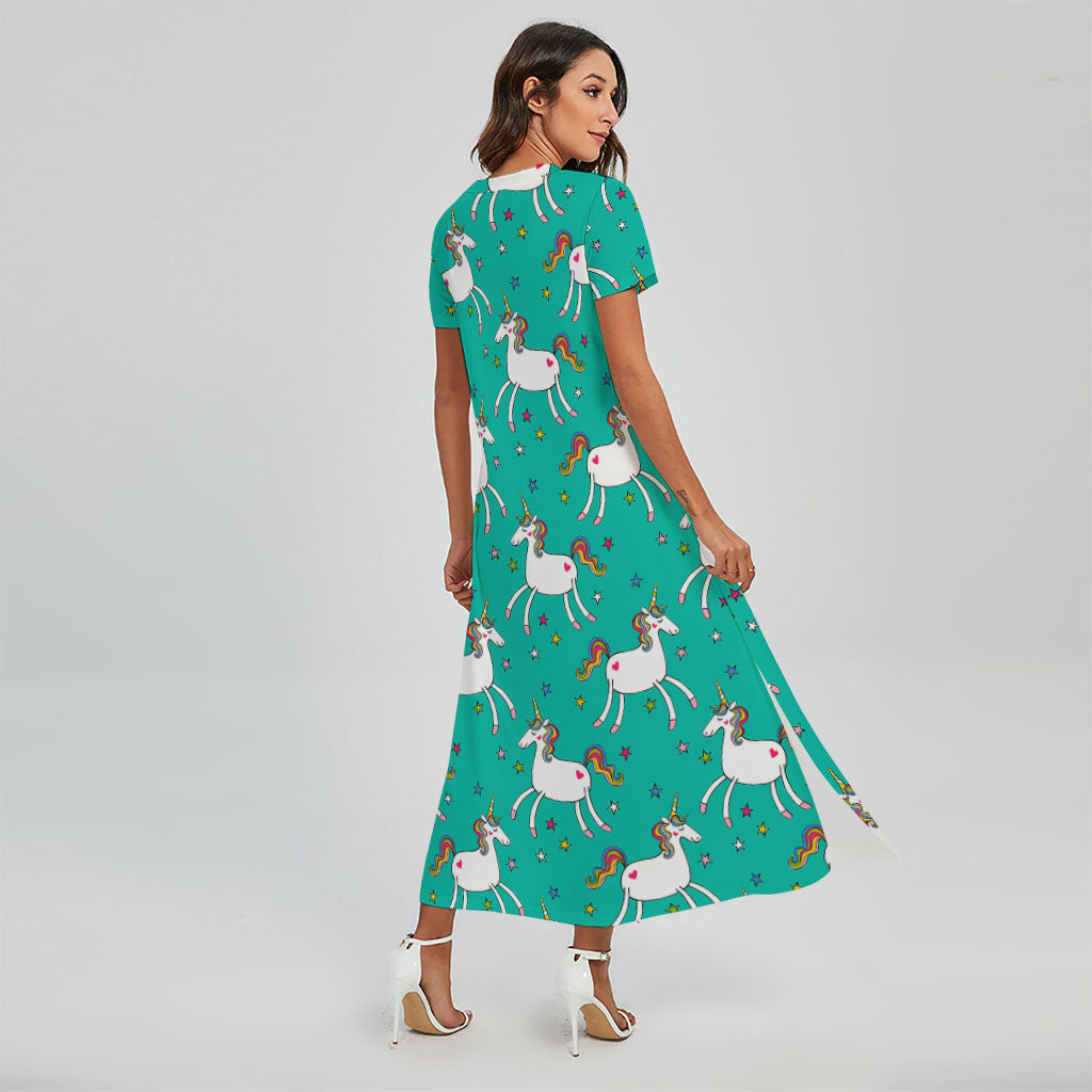 Doodle Unicorn Pattern Print Short Sleeve Maxi Dress