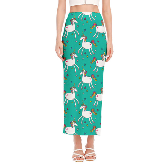 Doodle Unicorn Pattern Print Side Slit Maxi Skirt