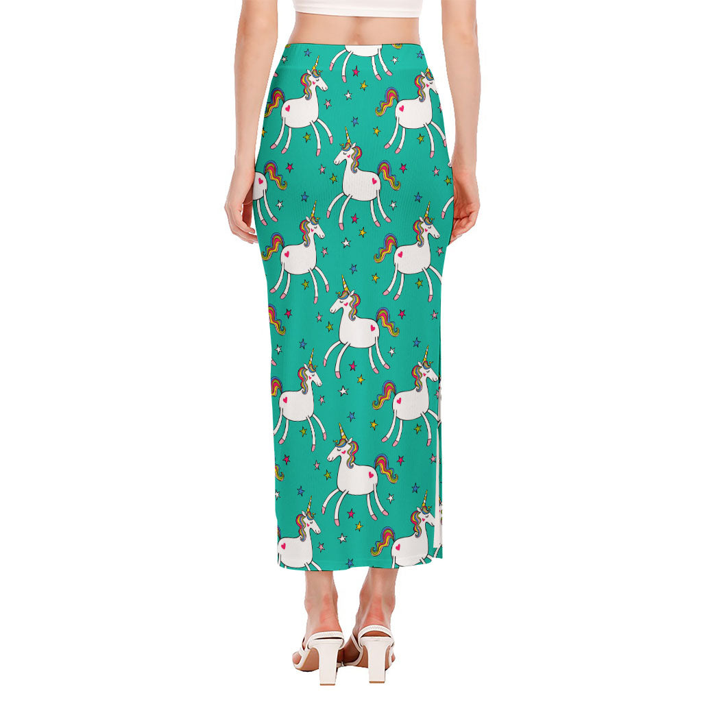 Doodle Unicorn Pattern Print Side Slit Maxi Skirt