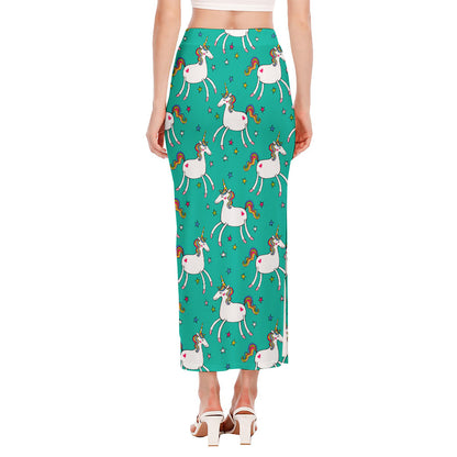 Doodle Unicorn Pattern Print Side Slit Maxi Skirt