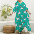 Doodle Unicorn Pattern Print Silk V-Neck Kaftan Dress