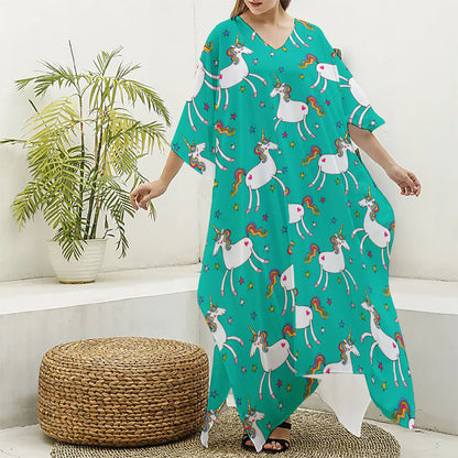 Doodle Unicorn Pattern Print Silk V-Neck Kaftan Dress