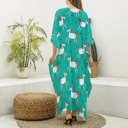 Doodle Unicorn Pattern Print Silk V-Neck Kaftan Dress
