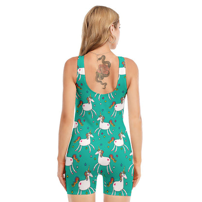 Doodle Unicorn Pattern Print Sleeveless One Piece Swimsuit
