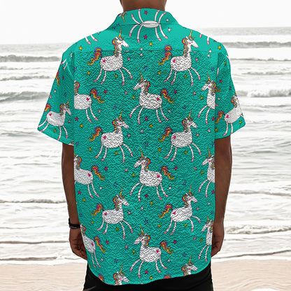 Doodle Unicorn Pattern Print Textured Short Sleeve Shirt