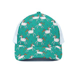 Doodle Unicorn Pattern Print White Mesh Trucker Cap