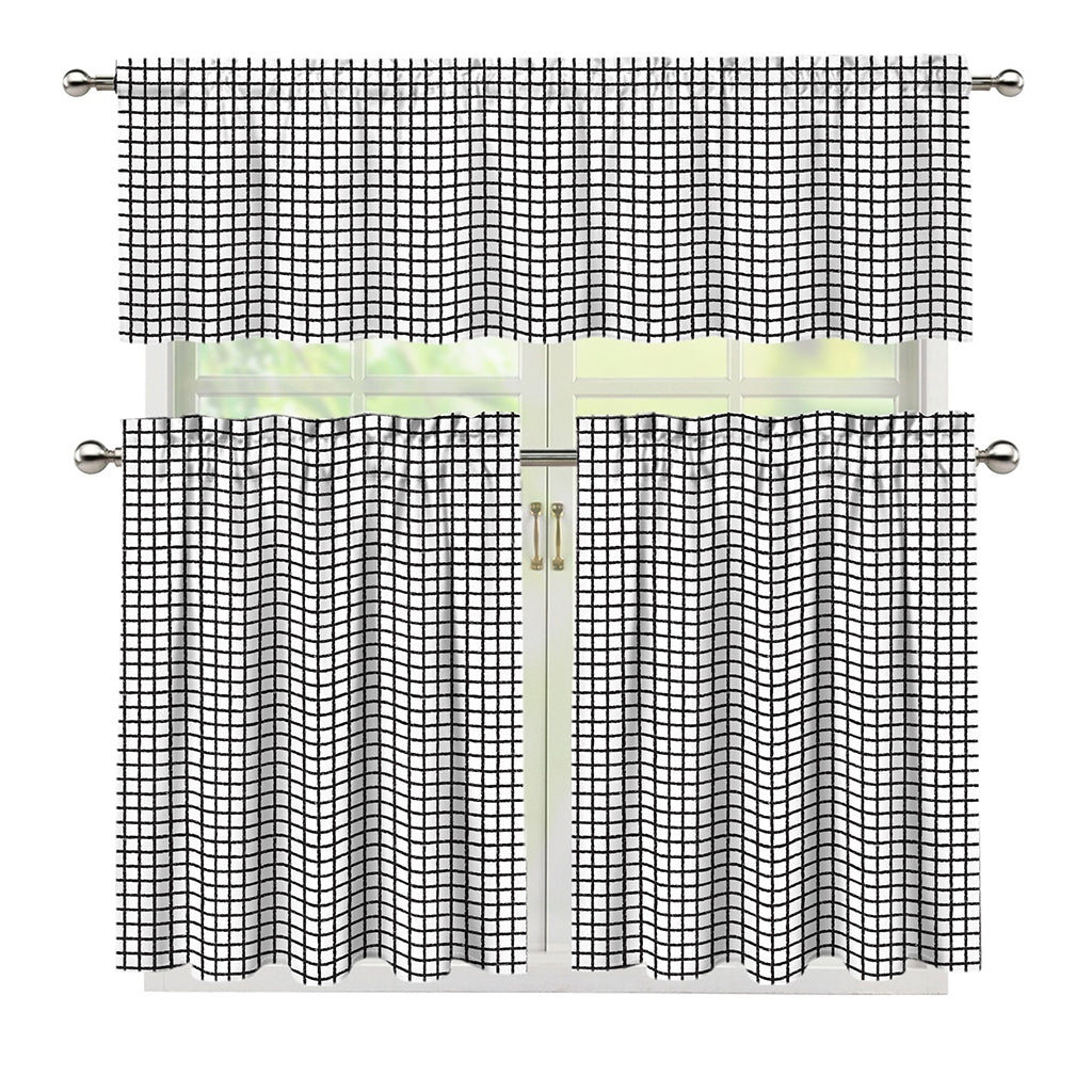 Doodle Windowpane Pattern Print 3 Piece Kitchen Curtains