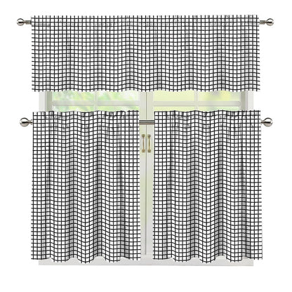 Doodle Windowpane Pattern Print 3 Piece Kitchen Curtains