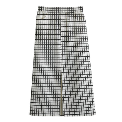 Doodle Windowpane Pattern Print Cotton Front Slit Maxi Skirt