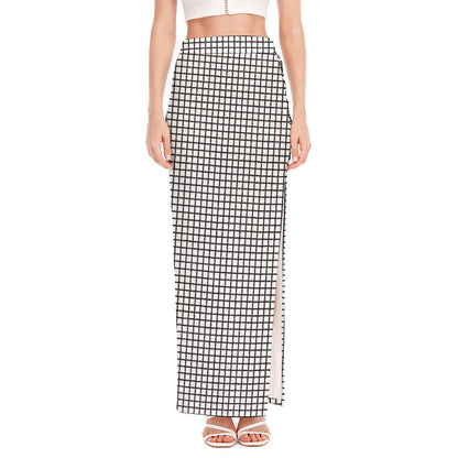 Doodle Windowpane Pattern Print High Slit Maxi Skirt