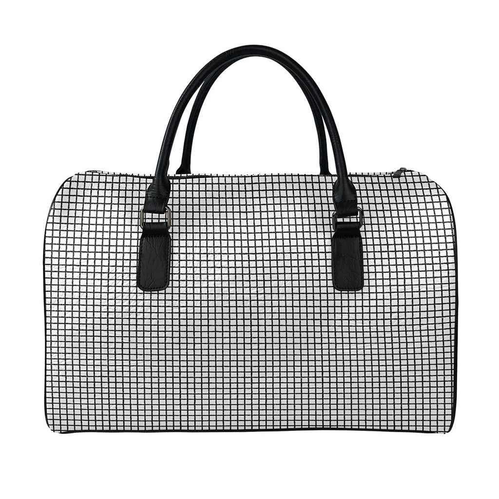 Doodle Windowpane Pattern Print Leather Duffle Bag