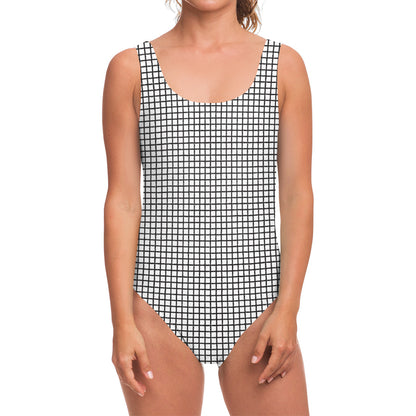Doodle Windowpane Pattern Print One Piece Swimsuit