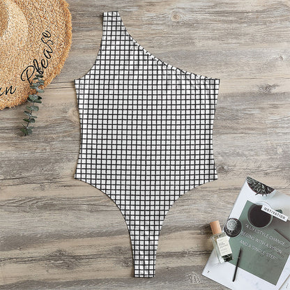 Doodle Windowpane Pattern Print One Shoulder Bodysuit
