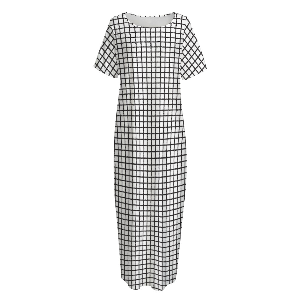 Doodle Windowpane Pattern Print Short Sleeve Long Nightdress
