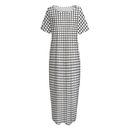 Doodle Windowpane Pattern Print Short Sleeve Long Nightdress