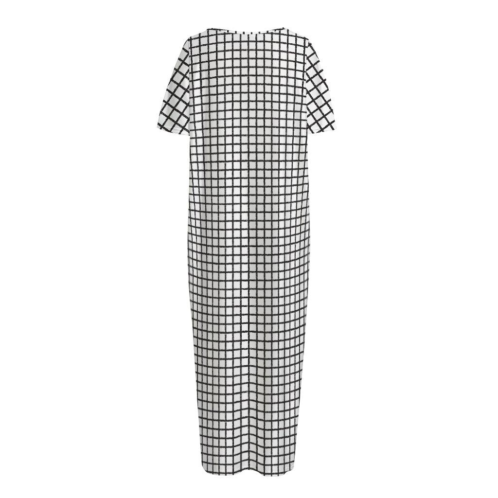 Doodle Windowpane Pattern Print Short Sleeve Long Nightdress