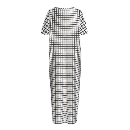 Doodle Windowpane Pattern Print Short Sleeve Long Nightdress