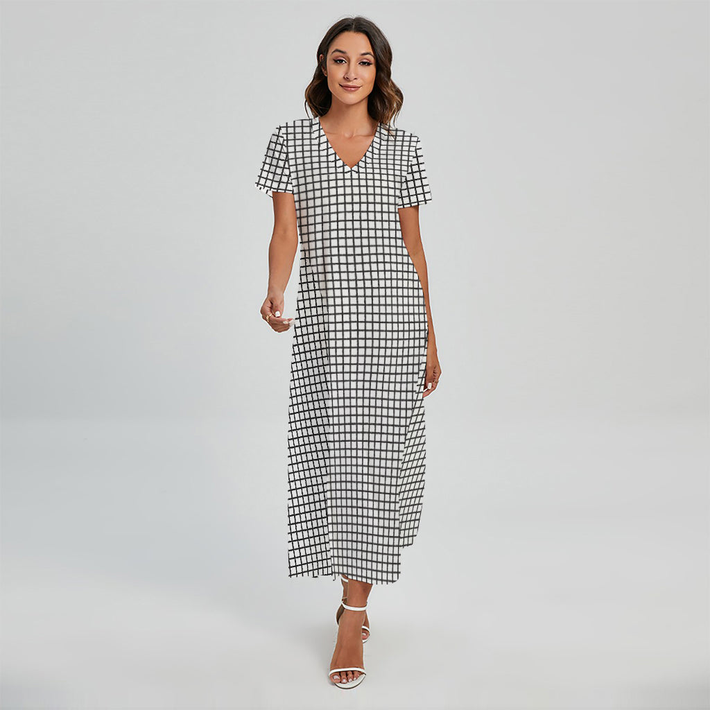 Doodle Windowpane Pattern Print Short Sleeve Maxi Dress