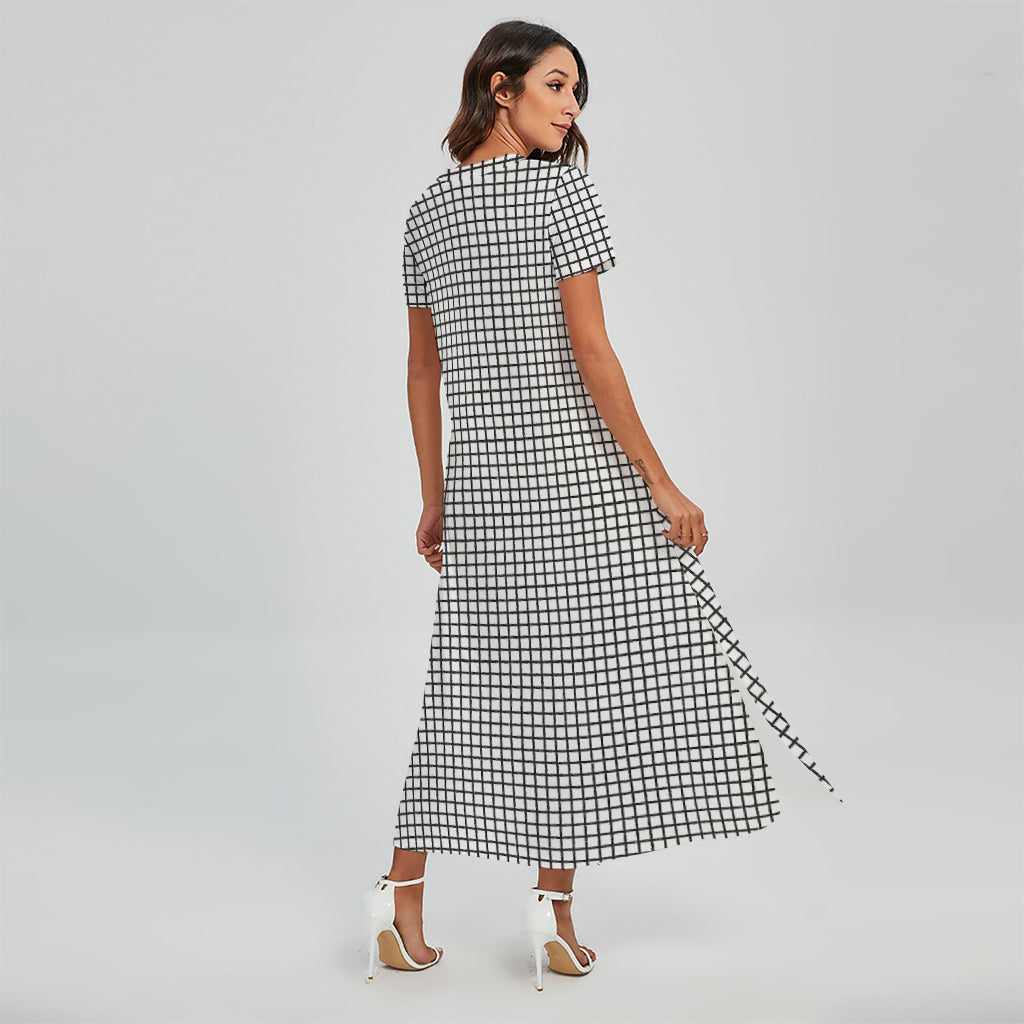 Doodle Windowpane Pattern Print Short Sleeve Maxi Dress