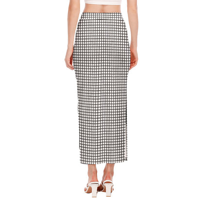 Doodle Windowpane Pattern Print Side Slit Maxi Skirt