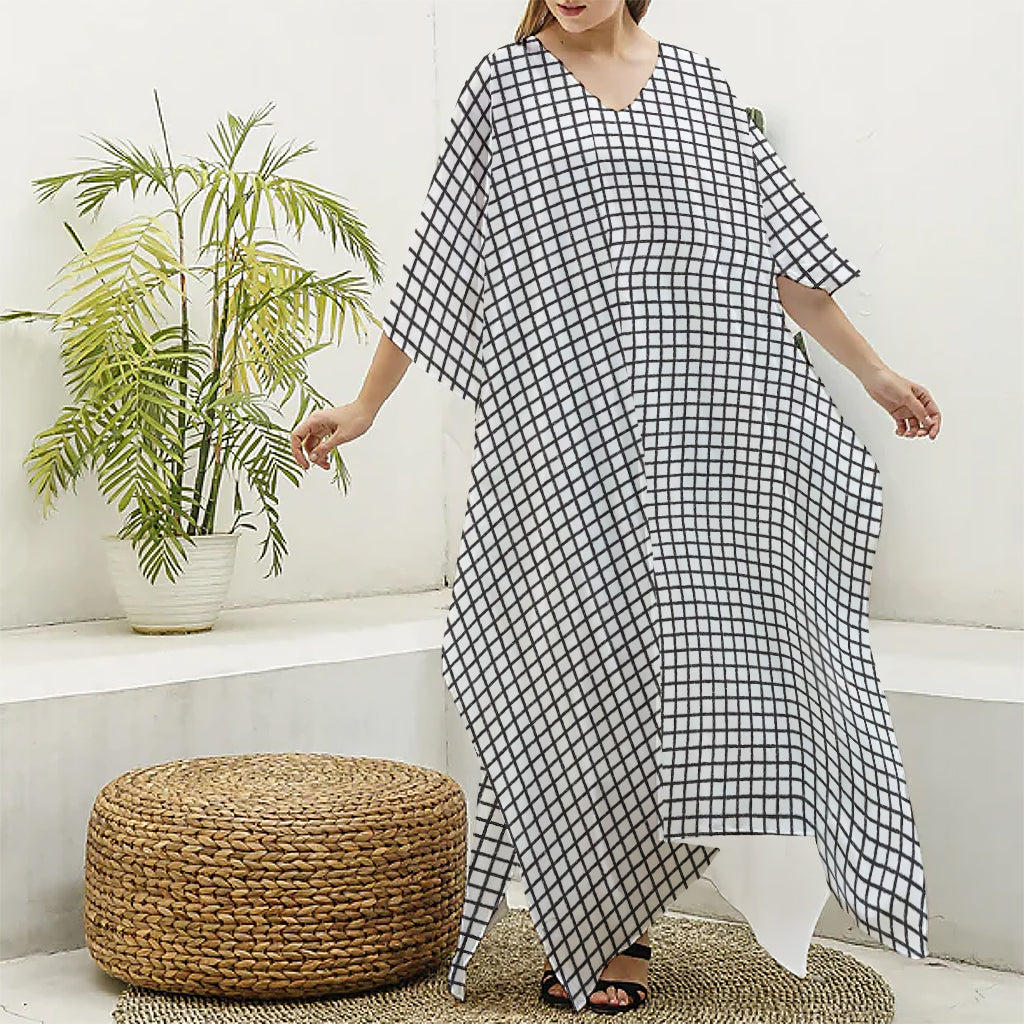 Doodle Windowpane Pattern Print Silk V-Neck Kaftan Dress