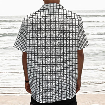 Doodle Windowpane Pattern Print Textured Short Sleeve Shirt