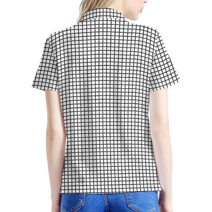 Doodle Windowpane Pattern Print Women's Polo Shirt