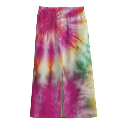 Double Tie Dye Print Cotton Front Slit Maxi Skirt