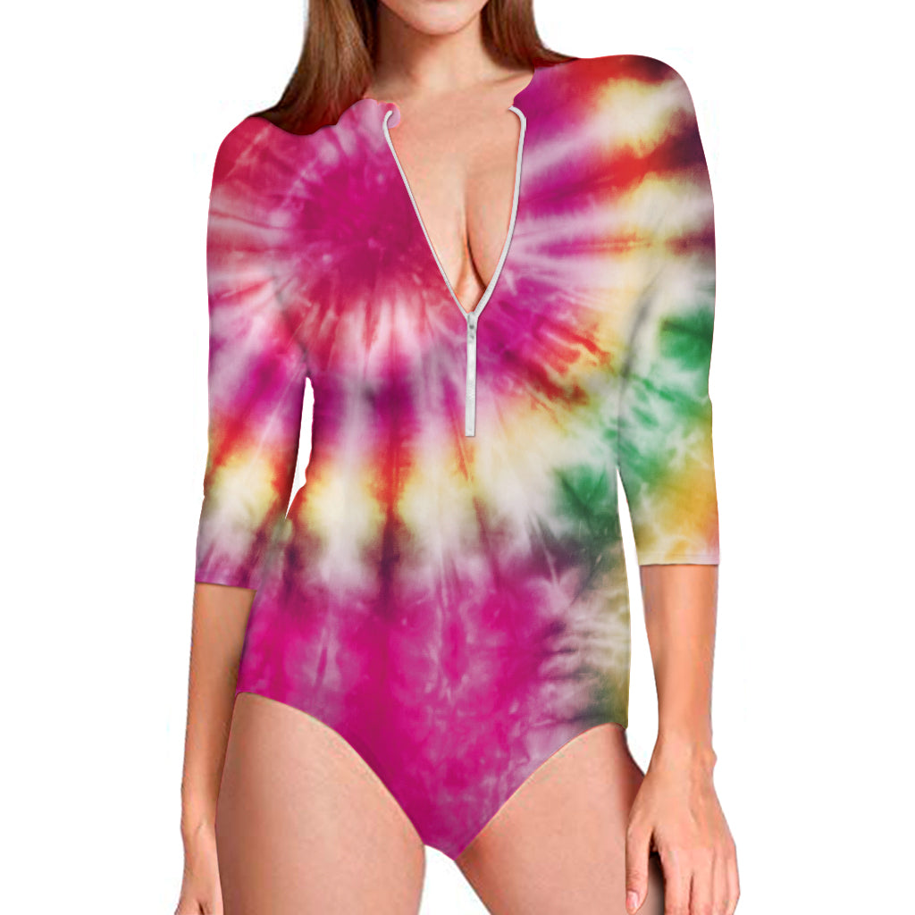 Double Tie Dye Print Long Sleeve Swimsuit