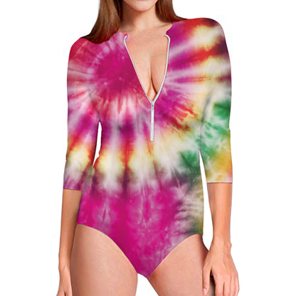 Double Tie Dye Print Long Sleeve Swimsuit