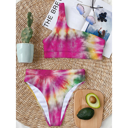 Double Tie Dye Print One Shoulder Bikini Top