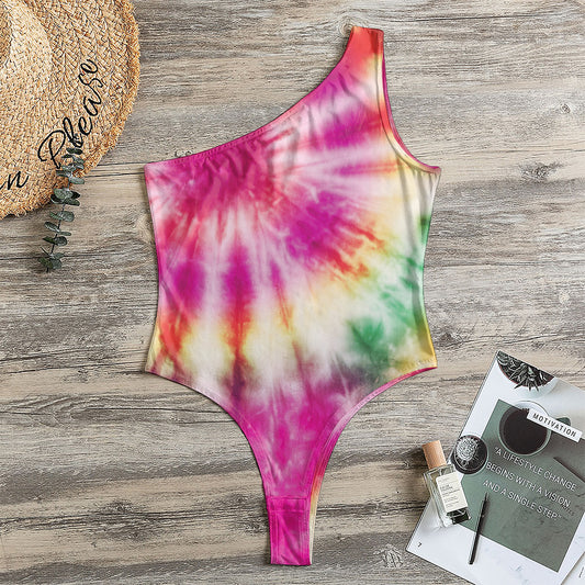 Double Tie Dye Print One Shoulder Bodysuit