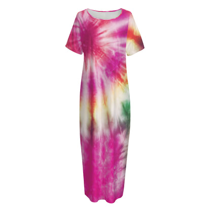 Double Tie Dye Print Short Sleeve Long Nightdress