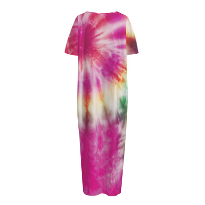 Double Tie Dye Print Short Sleeve Long Nightdress