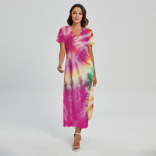 Double Tie Dye Print Short Sleeve Maxi Dress