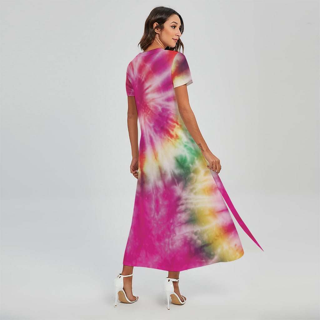 Double Tie Dye Print Short Sleeve Maxi Dress