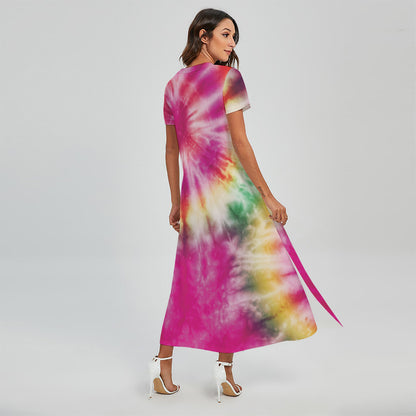 Double Tie Dye Print Short Sleeve Maxi Dress