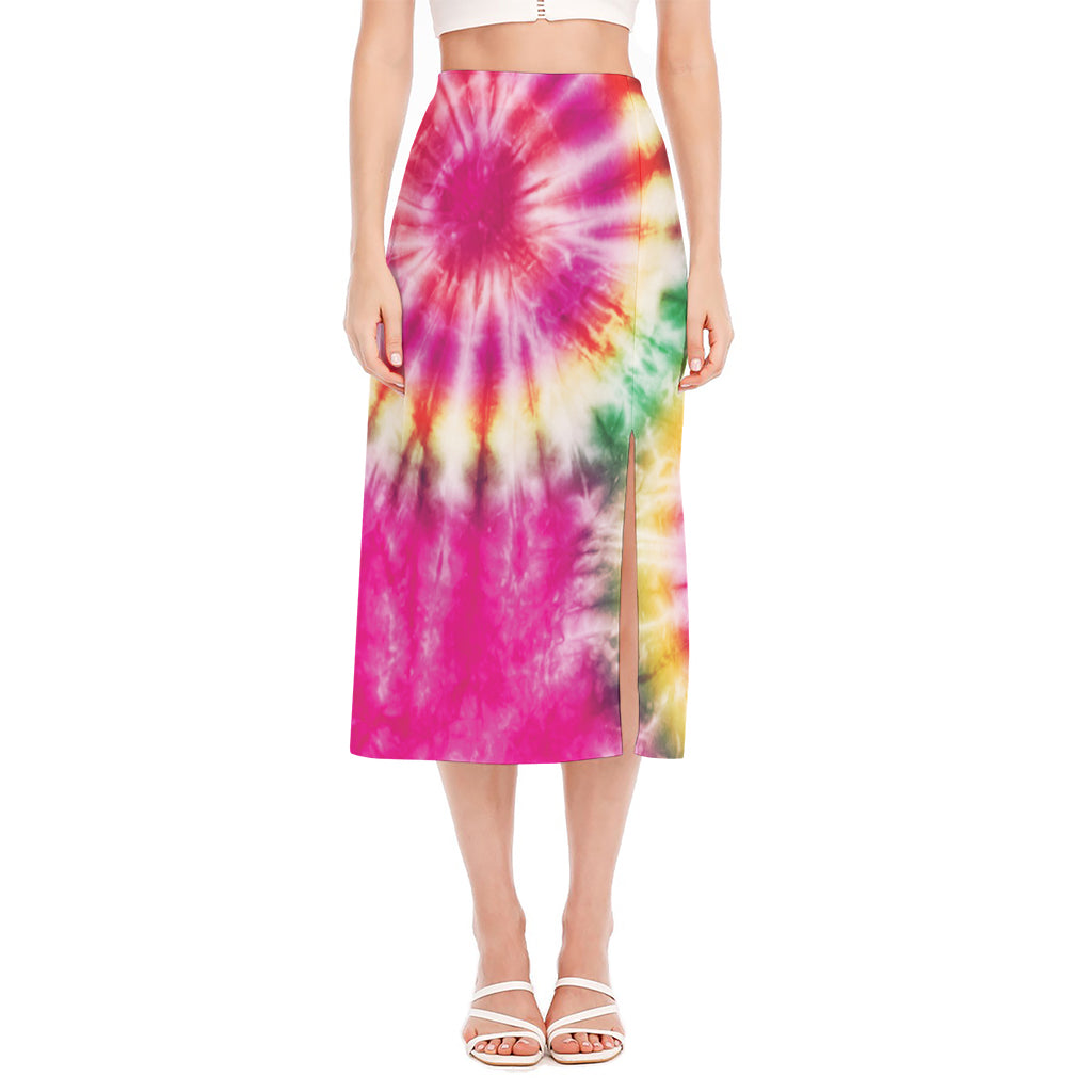 Double Tie Dye Print Side Slit Midi Skirt