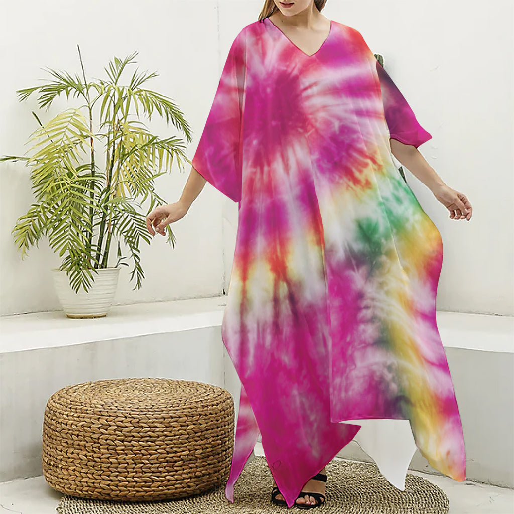 Double Tie Dye Print Silk V-Neck Kaftan Dress