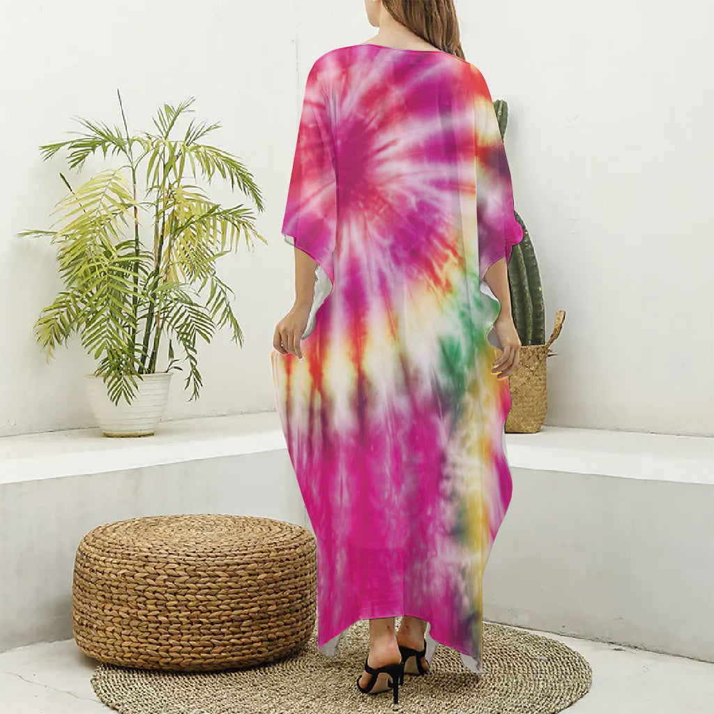 Double Tie Dye Print Silk V-Neck Kaftan Dress