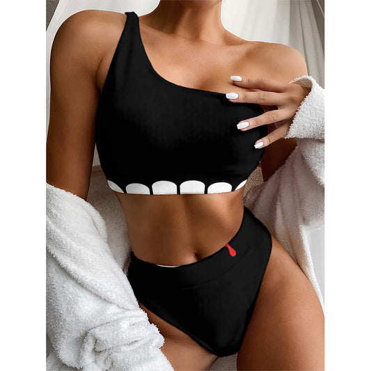 Dracula Fang Print One Shoulder Bikini Top