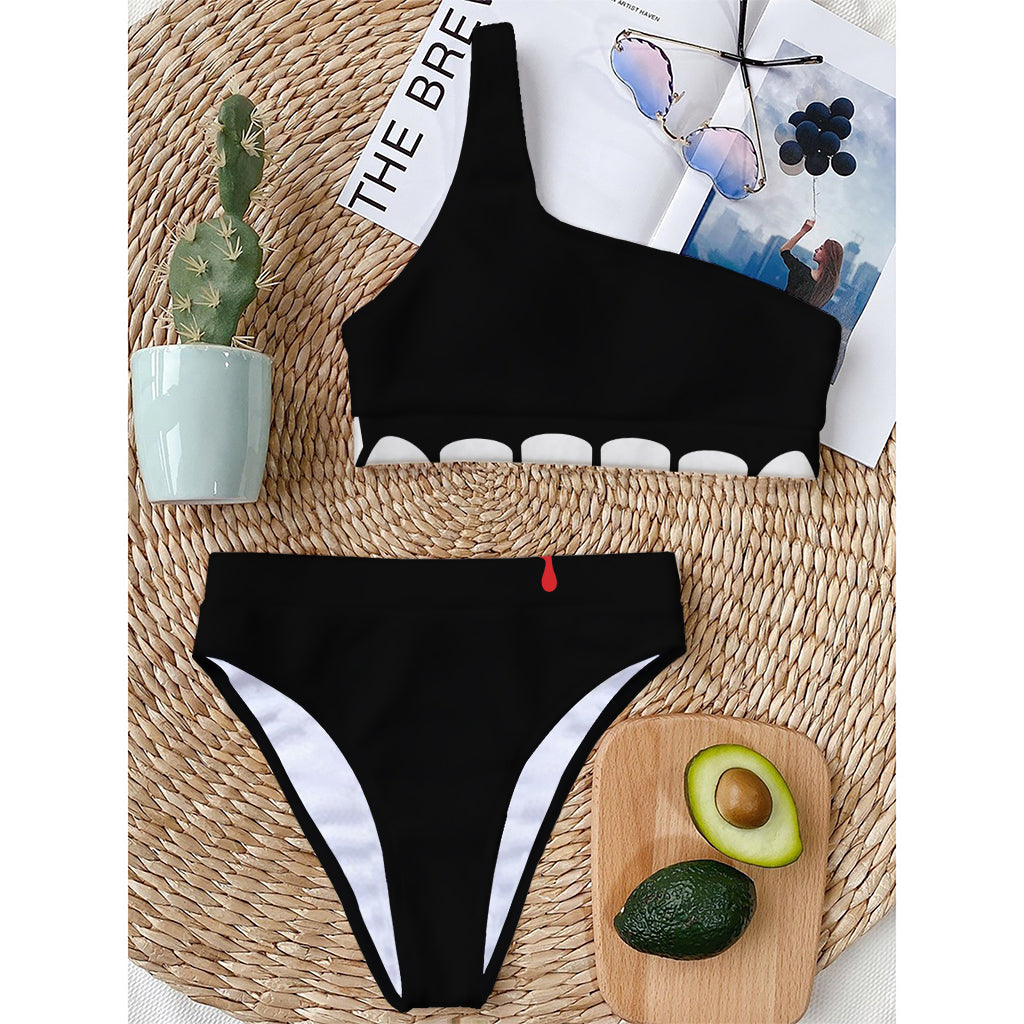 Dracula Fang Print One Shoulder Bikini Top